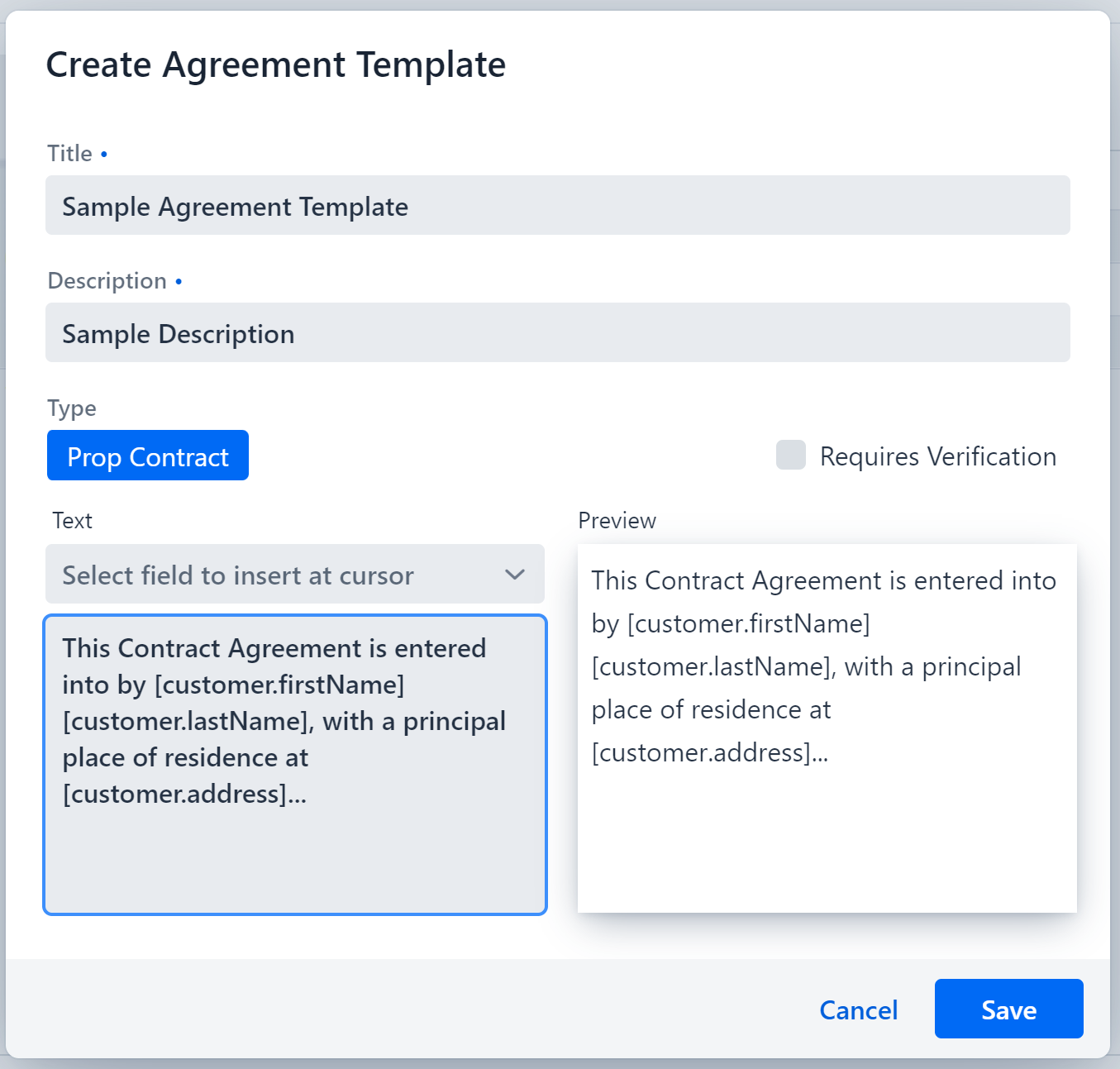 Create agreement template dialog