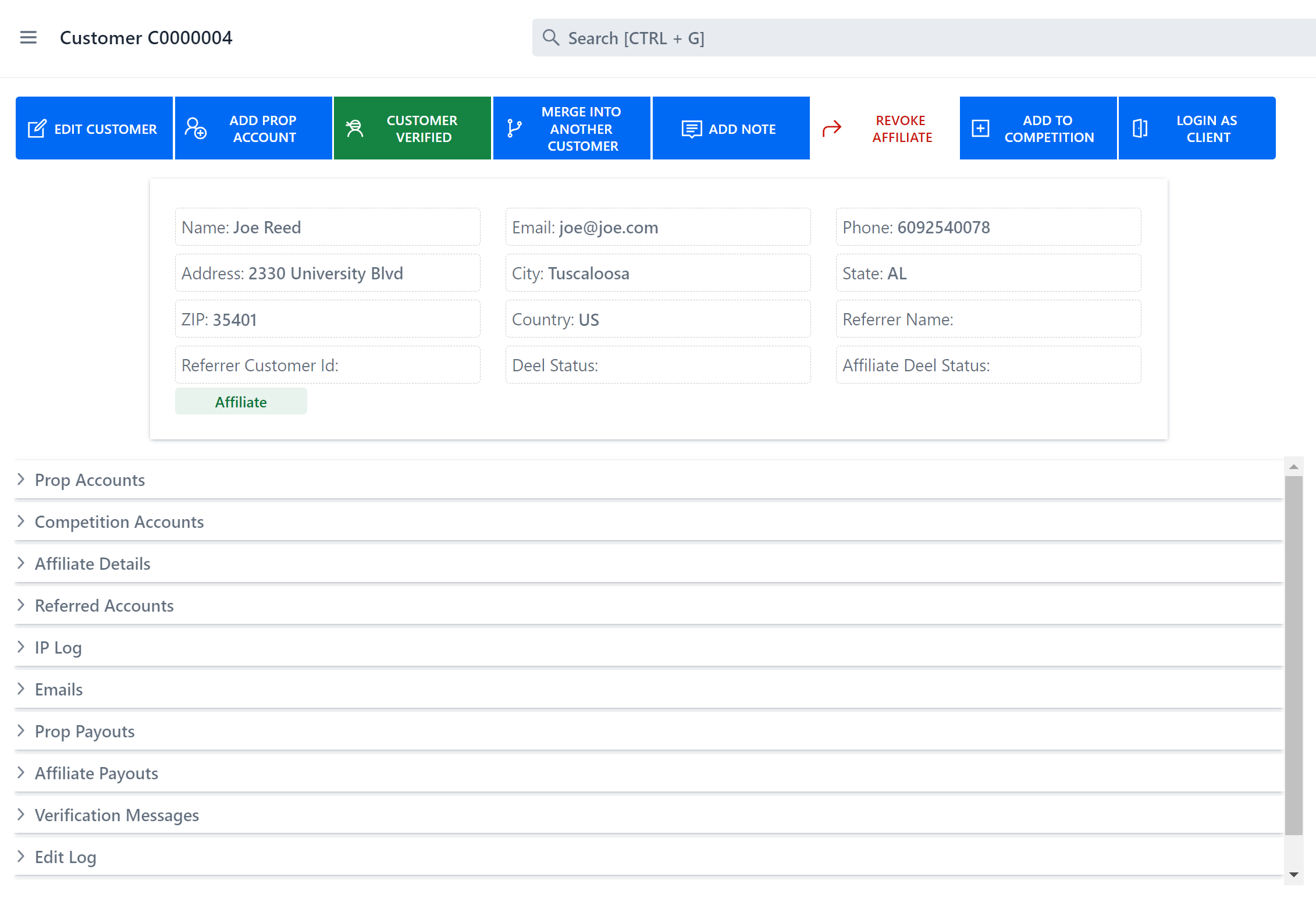 Customer details page