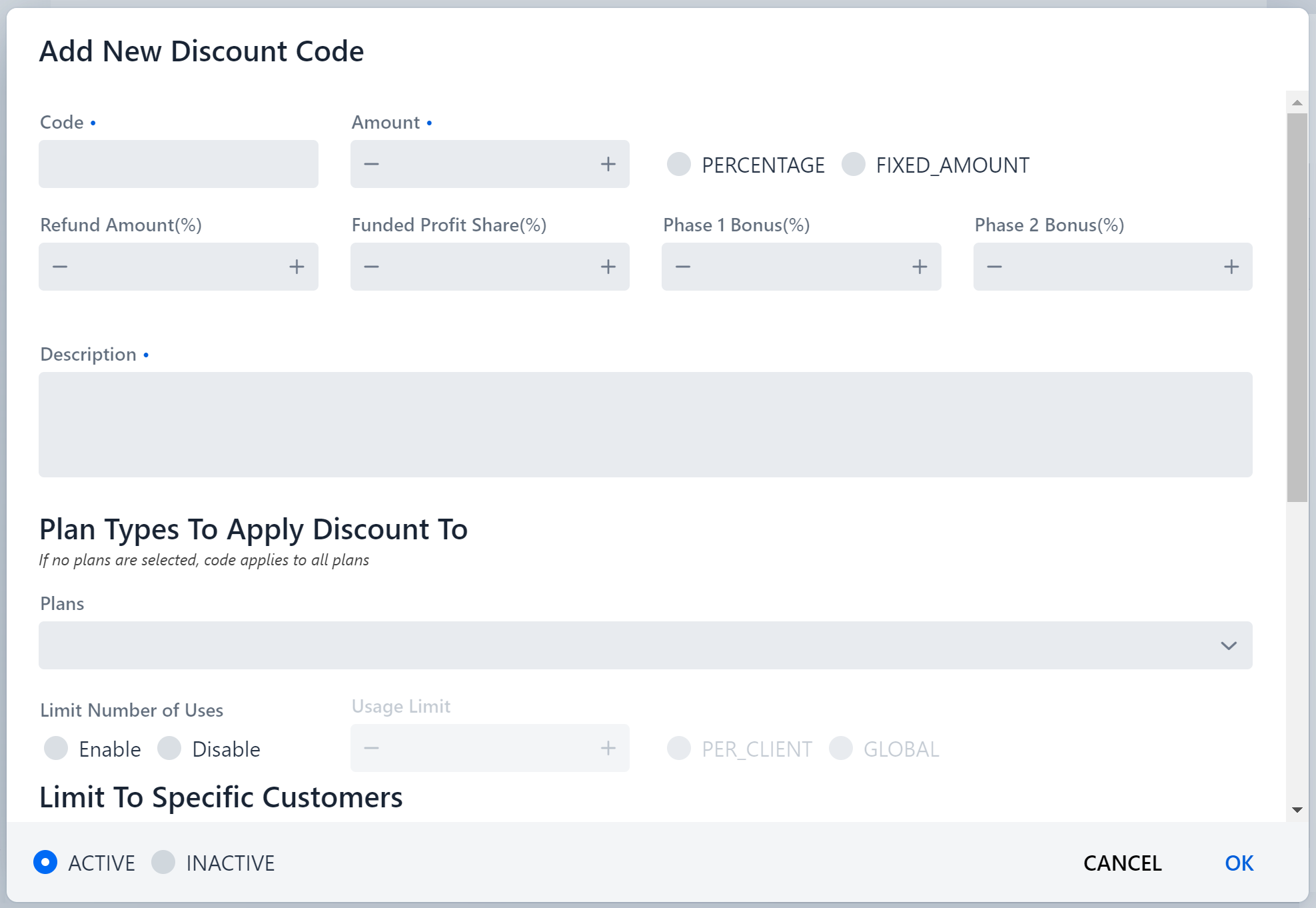 Add new discount code dialog