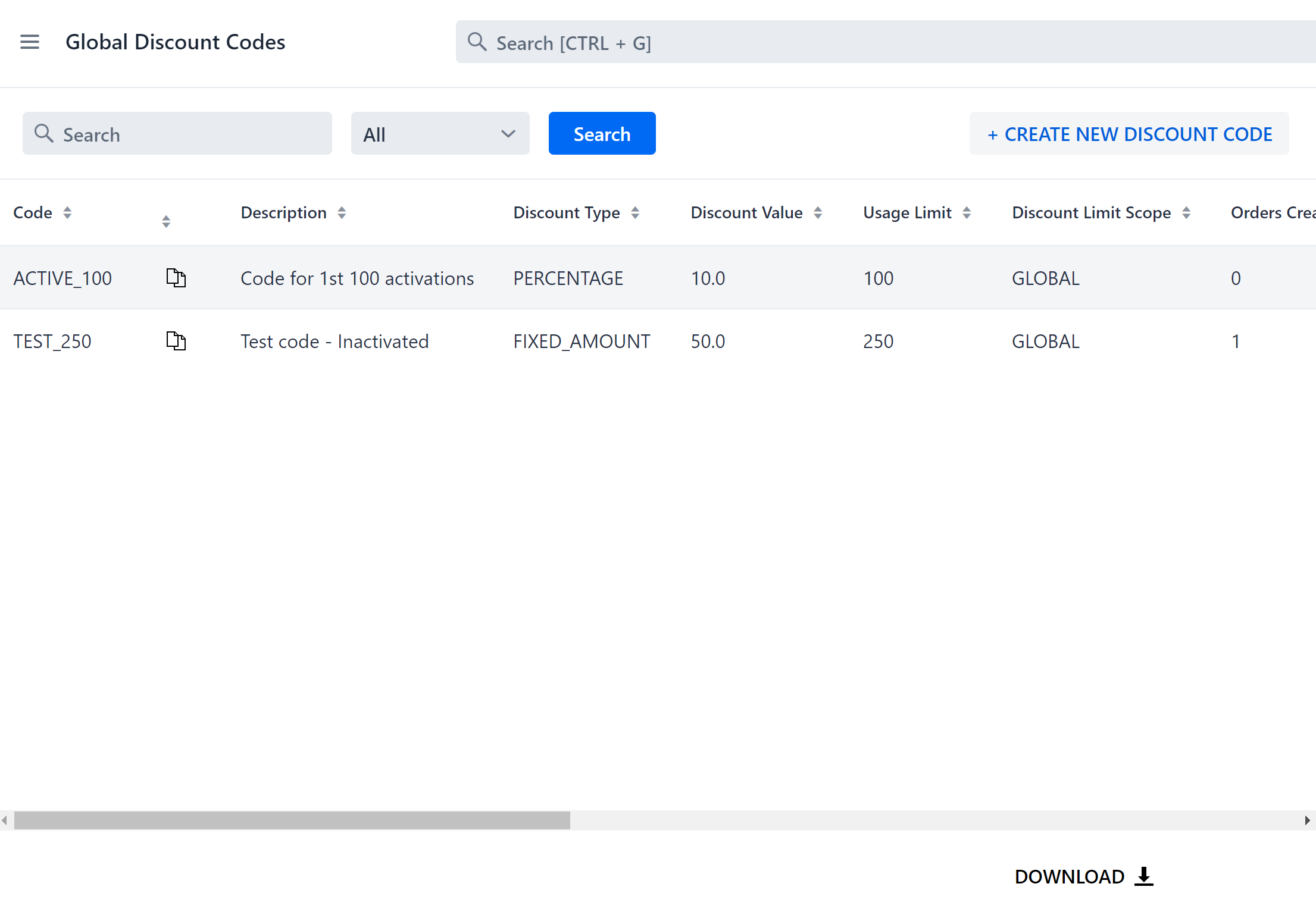 Global discount codes page