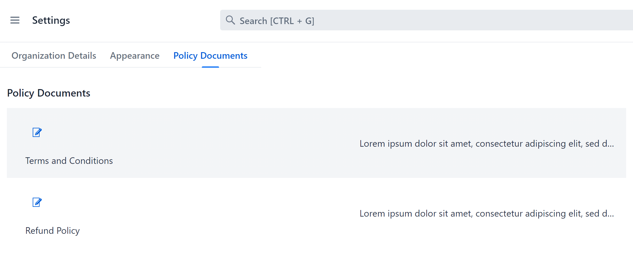 Settings policy documents tab